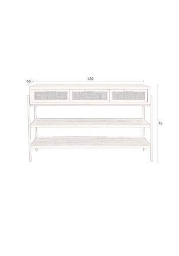 DUTCHBONE Yasu konsolbord, m. 2 hylder og 3 skuffer - natur rattan og sort tr/jern (120x38)