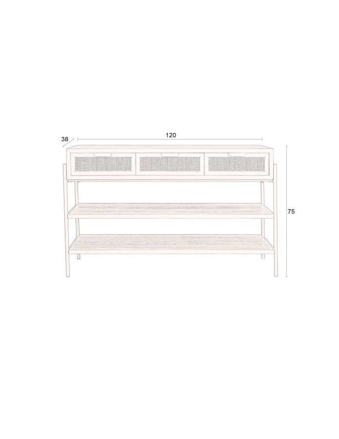 DUTCHBONE Yasu konsolbord, m. 2 hylder og 3 skuffer - natur rattan og sort tr/jern (120x38)