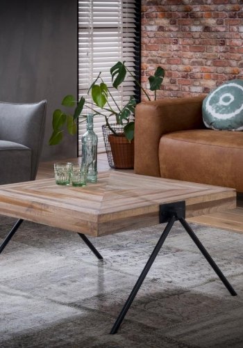 FURBO sofabord - teaktrslook og metalben, kvadratisk (80x80)