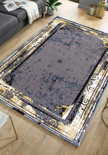 TEPPI HE628 gulvtppe, rektangulr - gr og guld polyester (200x290)