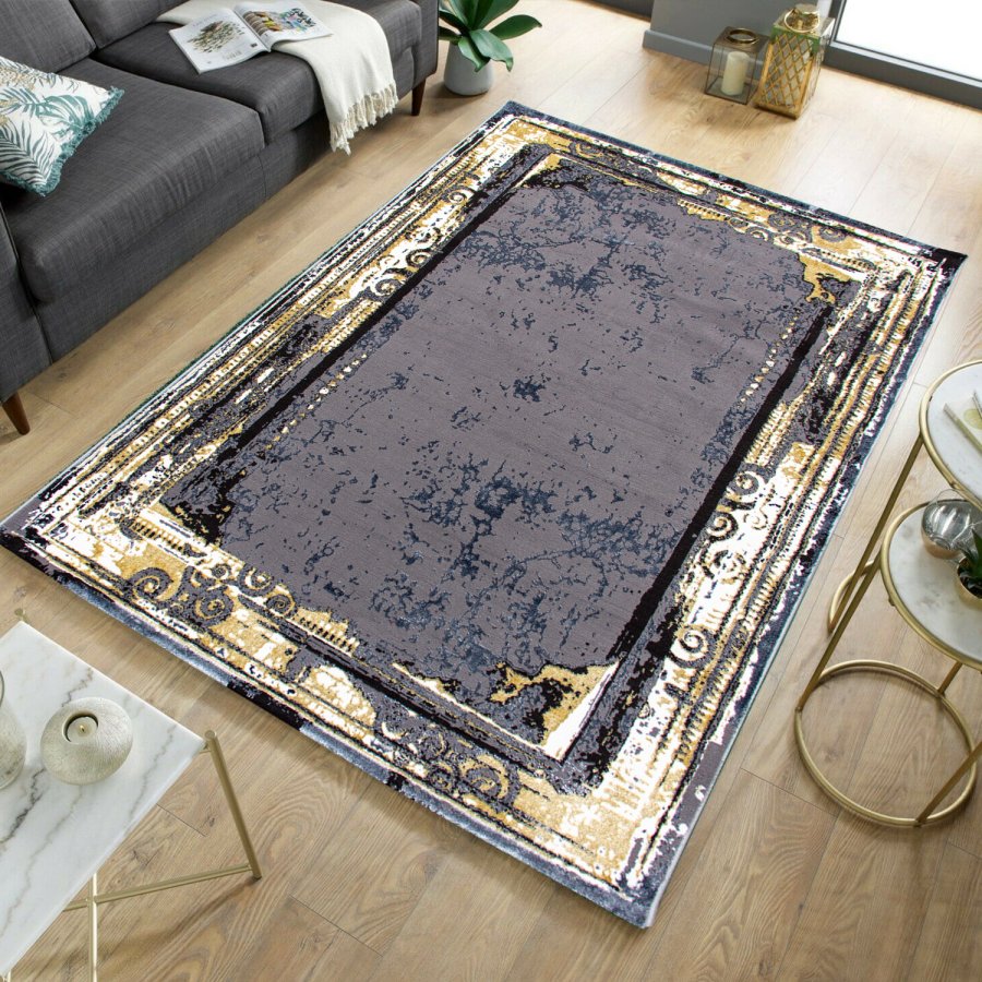 TEPPI HE628 gulvtppe, rektangulr - gr og guld polyester (200x290)