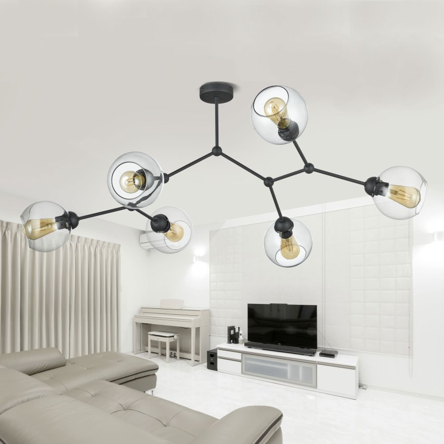 TK Fairy loftlampe, m. 6 skrme - glas og sort metal