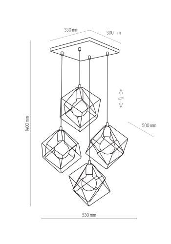 TK Alambre loftslampe, m. 4 skrme - guld og sort stl