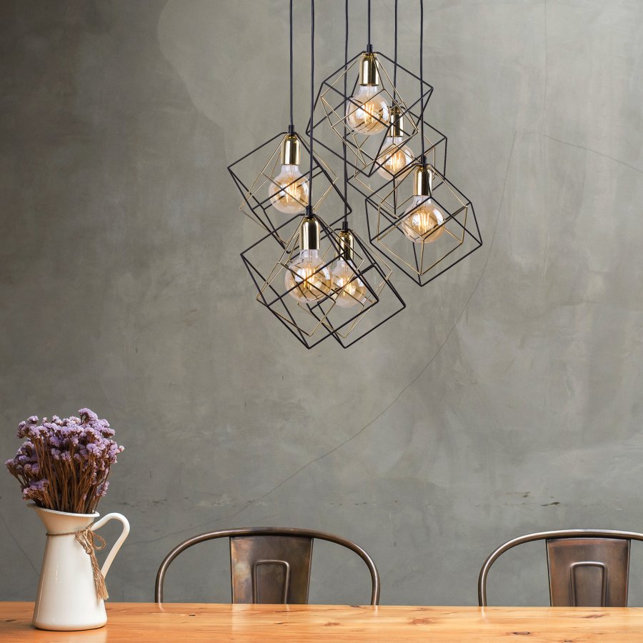 TK Alambre loftslampe, m. 6 skrme - guld og sort stl