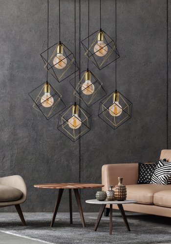 TK Alambre loftslampe, m. 6 skrme - guld og sort stl