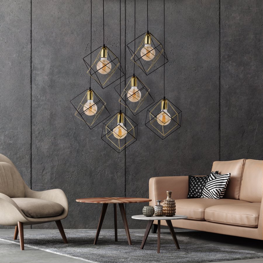 TK Alambre loftslampe, m. 6 skrme - guld og sort stl