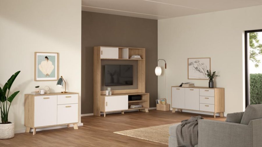 TVILUM Ikast TV-vg med 2 skydedre, Jackson Hickory/Hvid, 158,7 x 48,35 x 180,9 cm