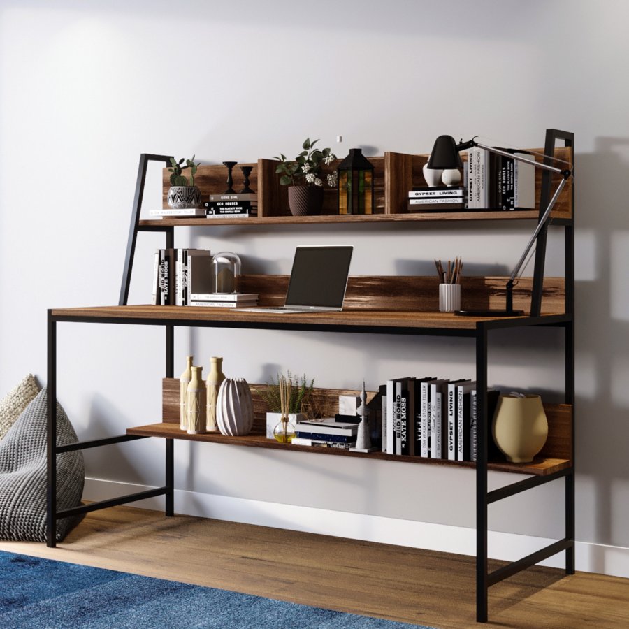 NORDVÄRK Ceren skrivebord, m. 2 hylder, rektangulr - brun melamin og metal (140x60)