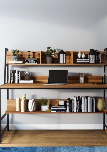 NORDVÄRK Ceren skrivebord, m. 2 hylder, rektangulr - brun melamin og metal (140x60)