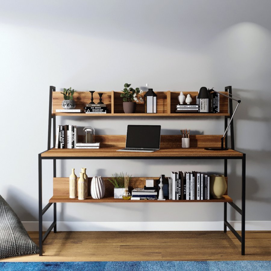 NORDVÄRK Ceren skrivebord, m. 2 hylder, rektangulr - brun melamin og metal (140x60)