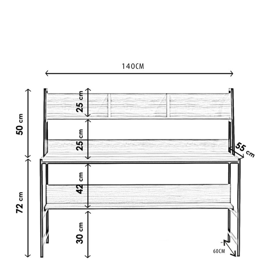 NORDVÄRK Ceren skrivebord, m. 2 hylder, rektangulr - brun melamin og metal (140x60)