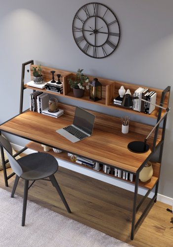 NORDVÄRK Ceren skrivebord, m. 2 hylder, rektangulr - brun melamin og metal (140x60)