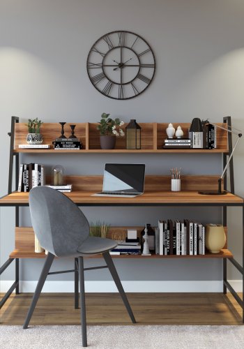 NORDVÄRK Ceren skrivebord, m. 2 hylder, rektangulr - brun melamin og metal (140x60)