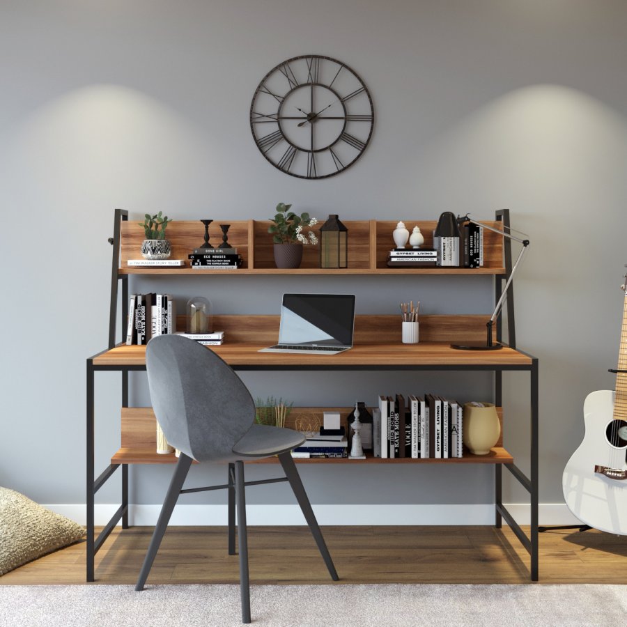 NORDVÄRK Ceren skrivebord, m. 2 hylder, rektangulr - brun melamin og metal (140x60)