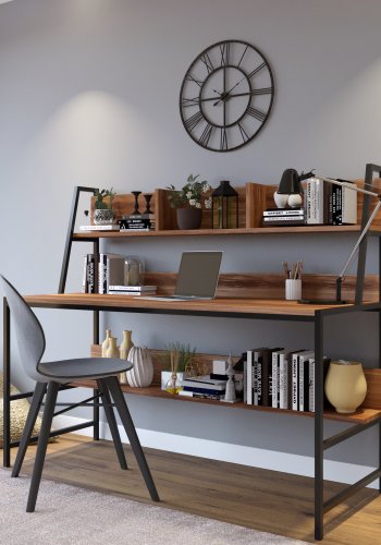 NORDVÄRK Ceren skrivebord, m. 2 hylder, rektangulr - brun melamin og metal (140x60)