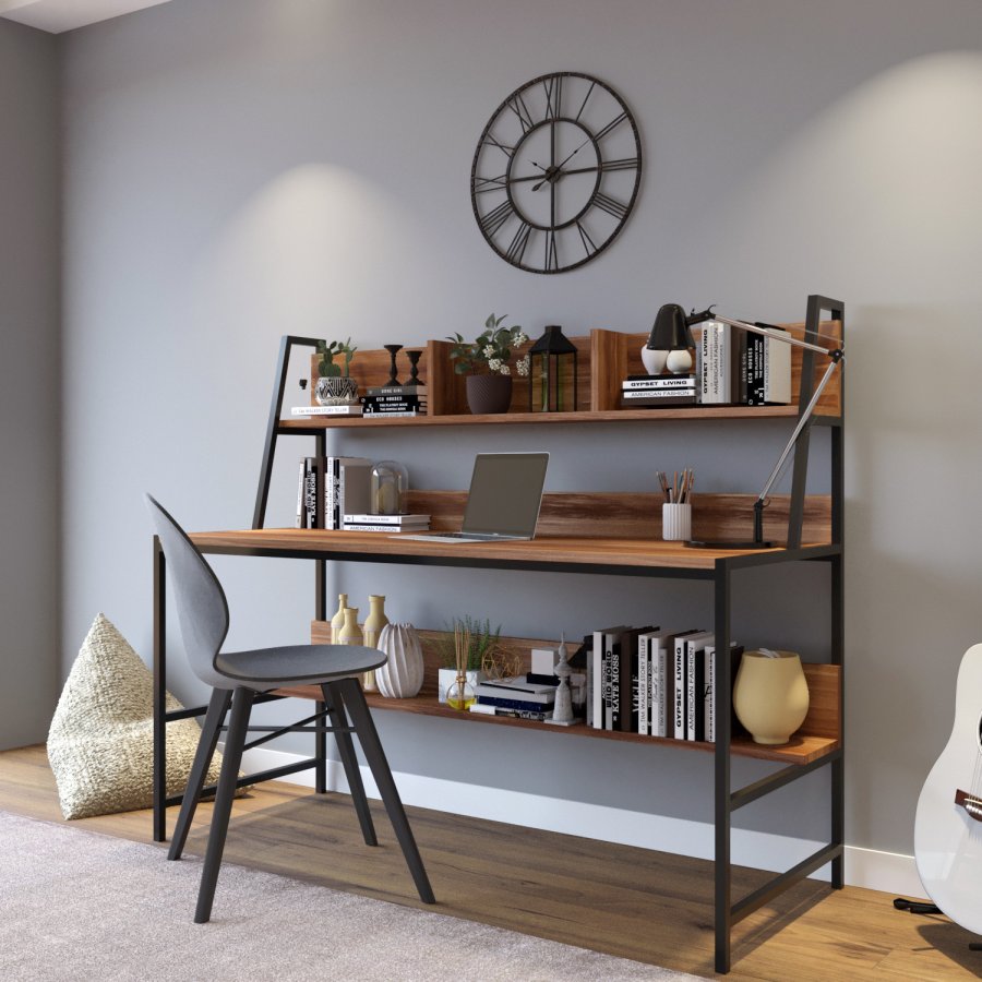 NORDVÄRK Ceren skrivebord, m. 2 hylder, rektangulr - brun melamin og metal (140x60)