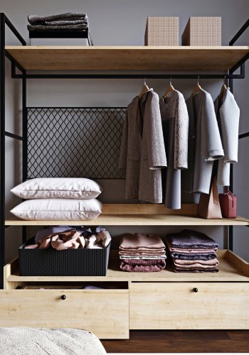 NORDVÄRK garderobeskab, m. 1 bjlestang, 2, hylder, 2 skuffer - natur melamin og metal