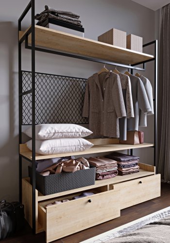 NORDVÄRK garderobeskab, m. 1 bjlestang, 2, hylder, 2 skuffer - natur melamin og metal