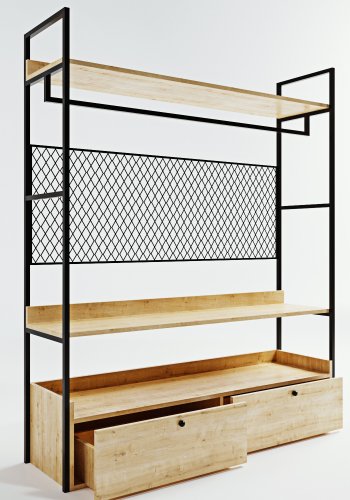 NORDVÄRK garderobeskab, m. 1 bjlestang, 2, hylder, 2 skuffer - natur melamin og metal