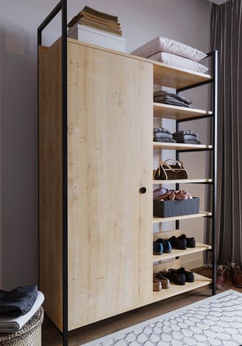 NORDVÄRK Rüzgar garderobeskab, m. 1 lge, 2 bjlestnger, 6 hylder - natur melamin og metal