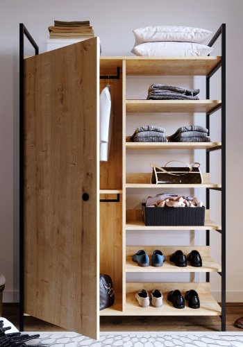 NORDVÄRK Rüzgar garderobeskab, m. 1 lge, 2 bjlestnger, 6 hylder - natur melamin og metal