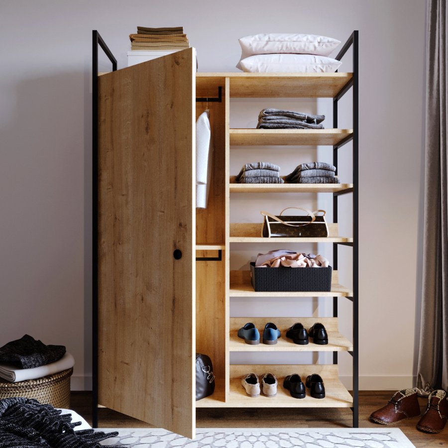 NORDVÄRK Rüzgar garderobeskab, m. 1 lge, 2 bjlestnger, 6 hylder - natur melamin og metal