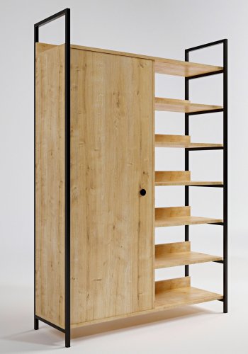NORDVÄRK Rüzgar garderobeskab, m. 1 lge, 2 bjlestnger, 6 hylder - natur melamin og metal