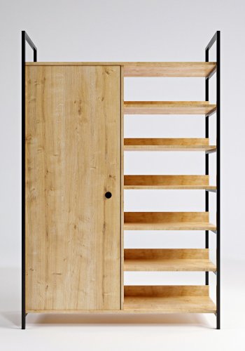 NORDVÄRK Rüzgar garderobeskab, m. 1 lge, 2 bjlestnger, 6 hylder - natur melamin og metal