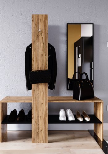 FUNZI LIVING Aynal entrést, m. spejl, bjlestang, hylde - natur melamin