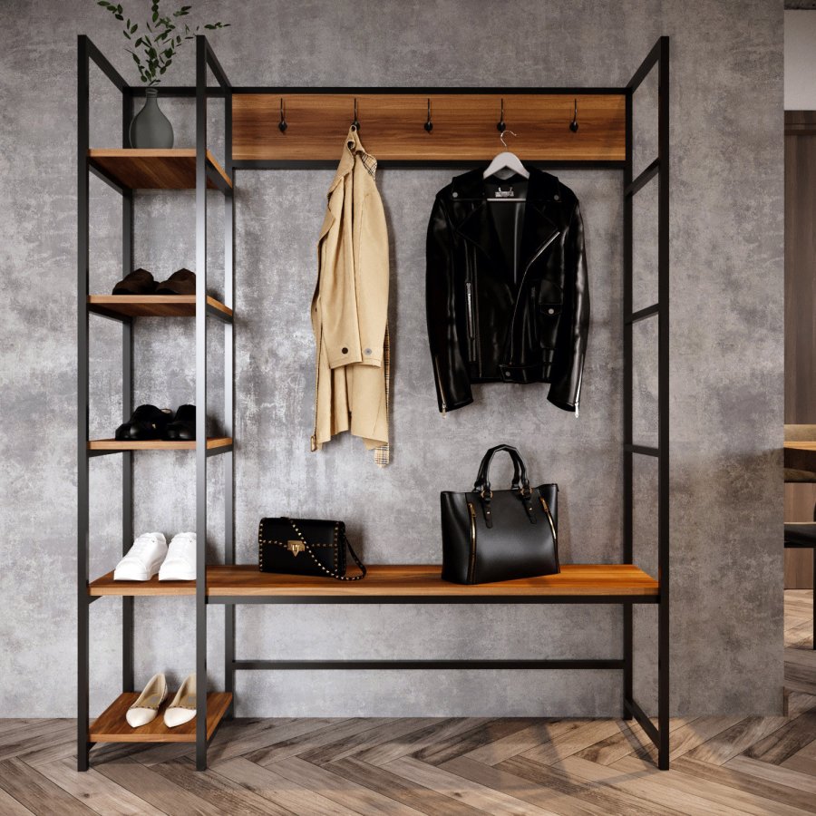 NORDVÄRK Portmanto entrést, m. 5 knager, 5 hylder - valnddefarvet melamin og metal