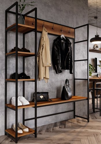 NORDVÄRK Portmanto entrést, m. 5 knager, 5 hylder - valnddefarvet melamin og metal