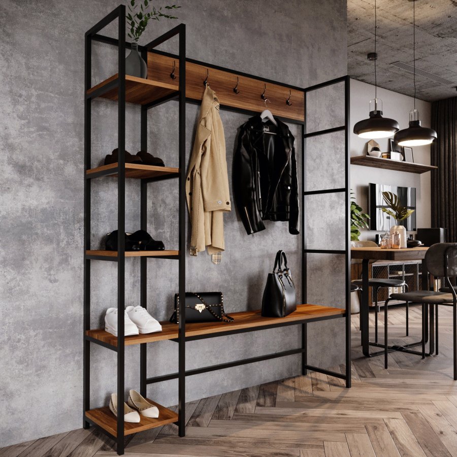 NORDVÄRK Portmanto entrést, m. 5 knager, 5 hylder - valnddefarvet melamin og metal