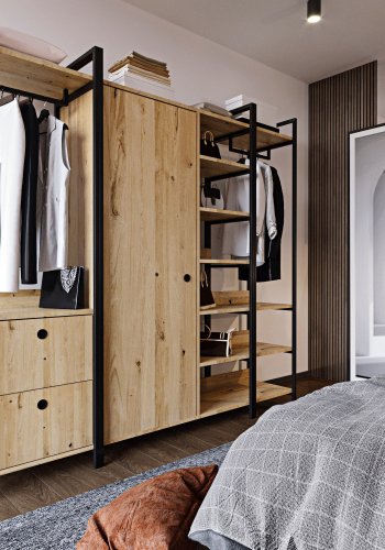 NORDVÄRK Okan garderobeskab, m. 1 lge, 1 bjlestang, 2 skuffer, 9 hylder - natur melamin og metal