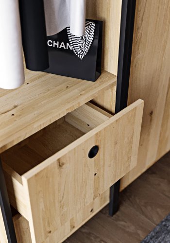 NORDVÄRK Okan garderobeskab, m. 1 lge, 1 bjlestang, 2 skuffer, 9 hylder - natur melamin og metal