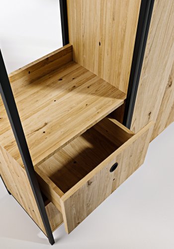 NORDVÄRK Okan garderobeskab, m. 1 lge, 1 bjlestang, 2 skuffer, 9 hylder - natur melamin og metal