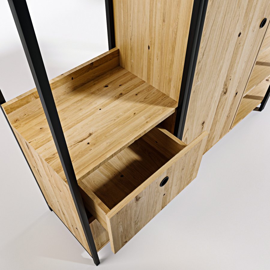 NORDVÄRK Okan garderobeskab, m. 1 lge, 1 bjlestang, 2 skuffer, 9 hylder - natur melamin og metal