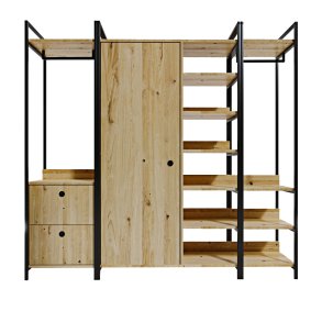 NORDVÄRK Okan garderobeskab, m. 1 lge, 1 bjlestang, 2 skuffer, 9 hylder - natur melamin og metal