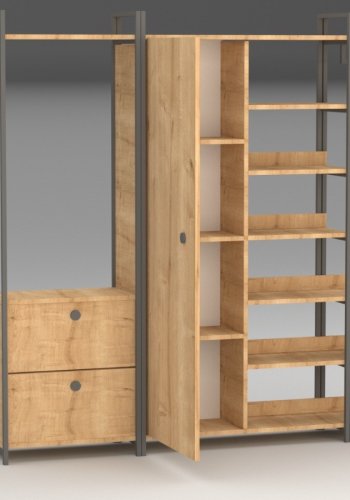 NORDVÄRK Okan garderobeskab, m. 1 lge, 1 bjlestang, 2 skuffer, 9 hylder - natur melamin og metal