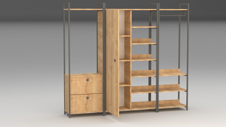 NORDVÄRK Okan garderobeskab, m. 1 lge, 1 bjlestang, 2 skuffer, 9 hylder - natur melamin og metal