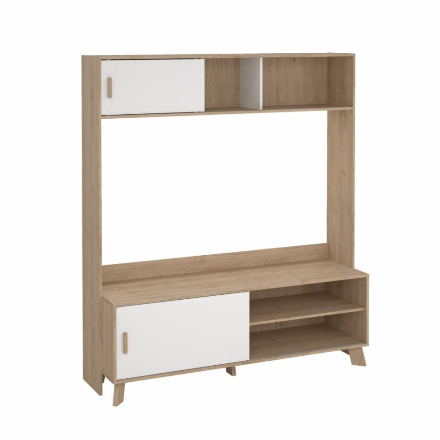 TVILUM Ikast TV-vg med 2 skydedre, Jackson Hickory/Hvid, 158,7 x 48,35 x 180,9 cm