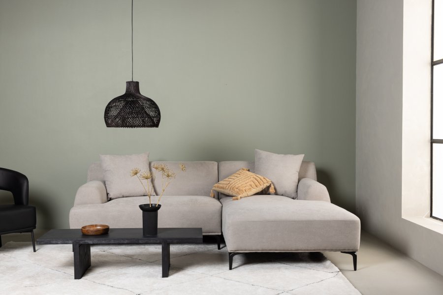 VENTURE DESIGN Viskan sofa, m. chaiselong - lysegr polyester og mat sort metal