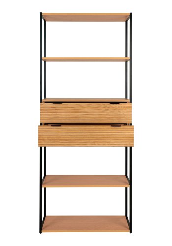 HOUSE NORDIC Reol, askefiner, sort metal stel, 2 skuffer, 84,5x35x200 cm