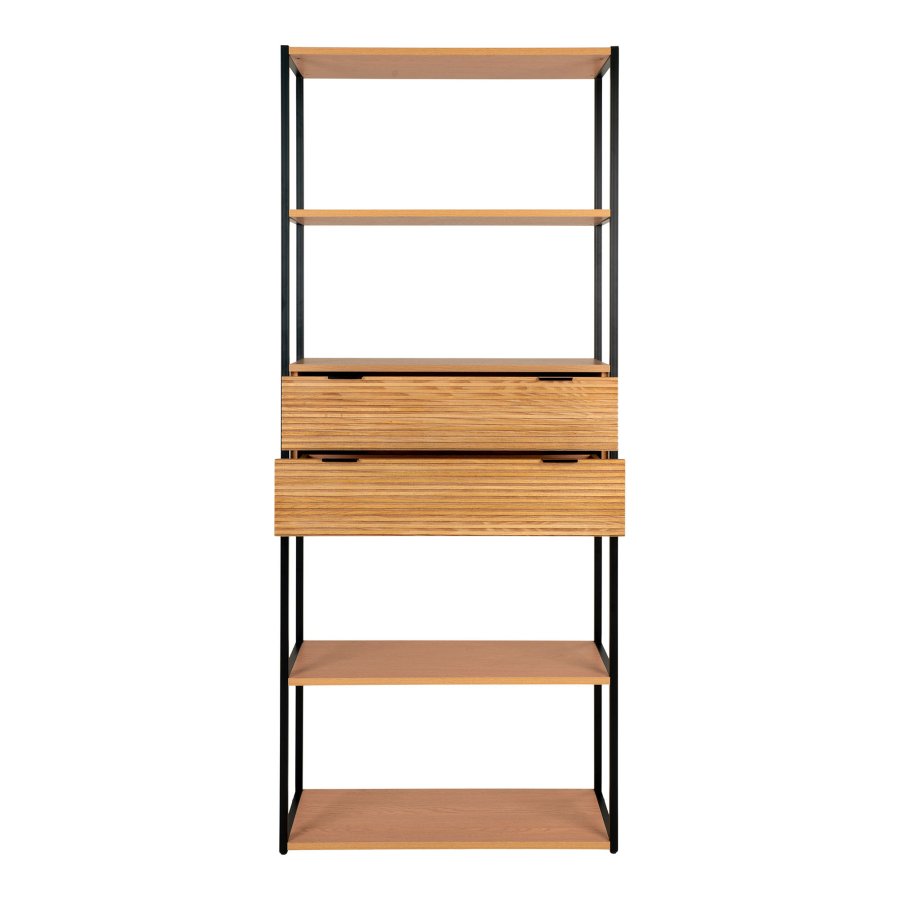 HOUSE NORDIC Reol, askefiner, sort metal stel, 2 skuffer, 84,5x35x200 cm