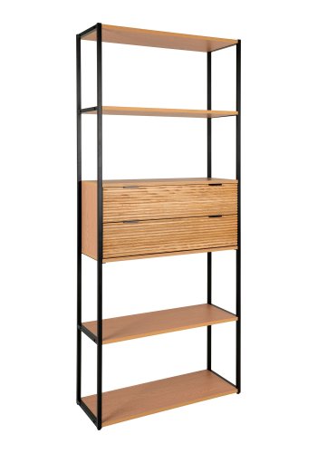 HOUSE NORDIC Reol, askefiner, sort metal stel, 2 skuffer, 84,5x35x200 cm