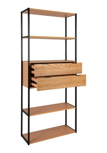 HOUSE NORDIC Reol, askefiner, sort metal stel, 2 skuffer, 84,5x35x200 cm