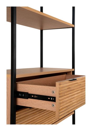 HOUSE NORDIC Reol, askefiner, sort metal stel, 2 skuffer, 84,5x35x200 cm