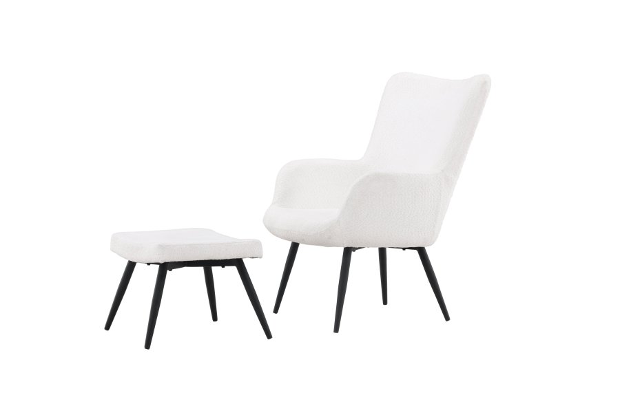 VENTURE DESIGN Como lnestol og fodskammel - hvid bouclé polyester og sort stl