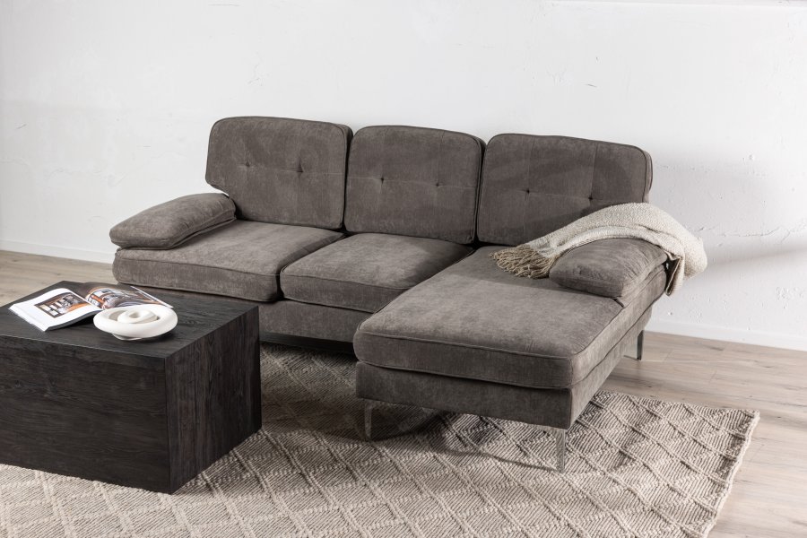 VENTURE DESIGN Remis 3 pers. sofa, m. chaiselong - lysegr stof og metal