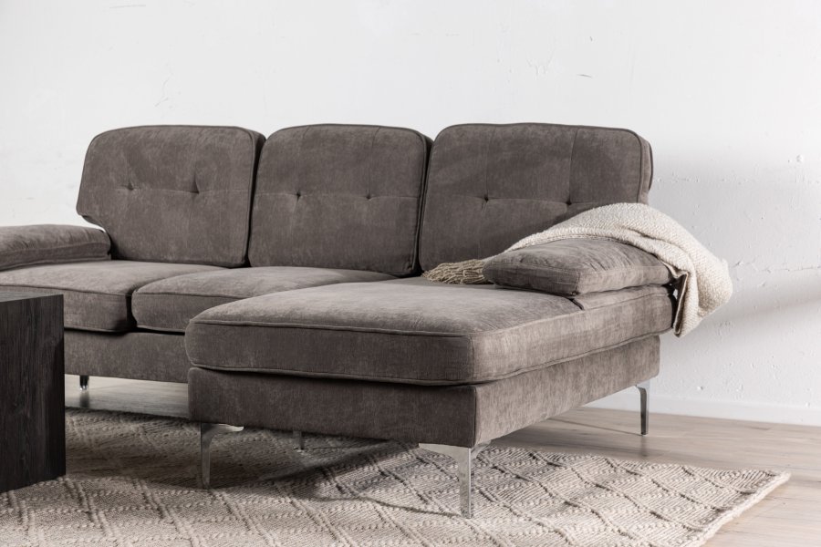 VENTURE DESIGN Remis 3 pers. sofa, m. chaiselong - lysegr stof og metal
