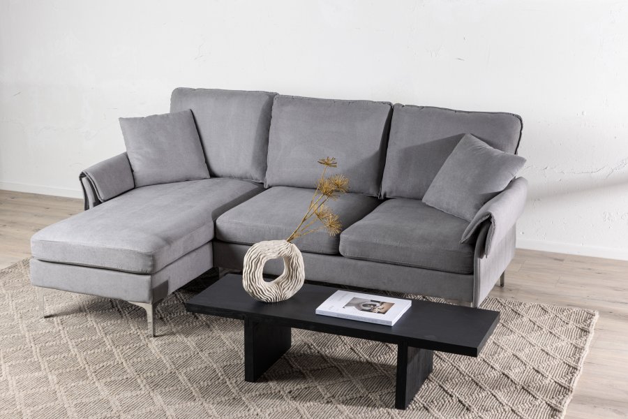 VENTURE DESIGN Toulouse 3 pers. sofa, m. chaiselong - gr stof og metal